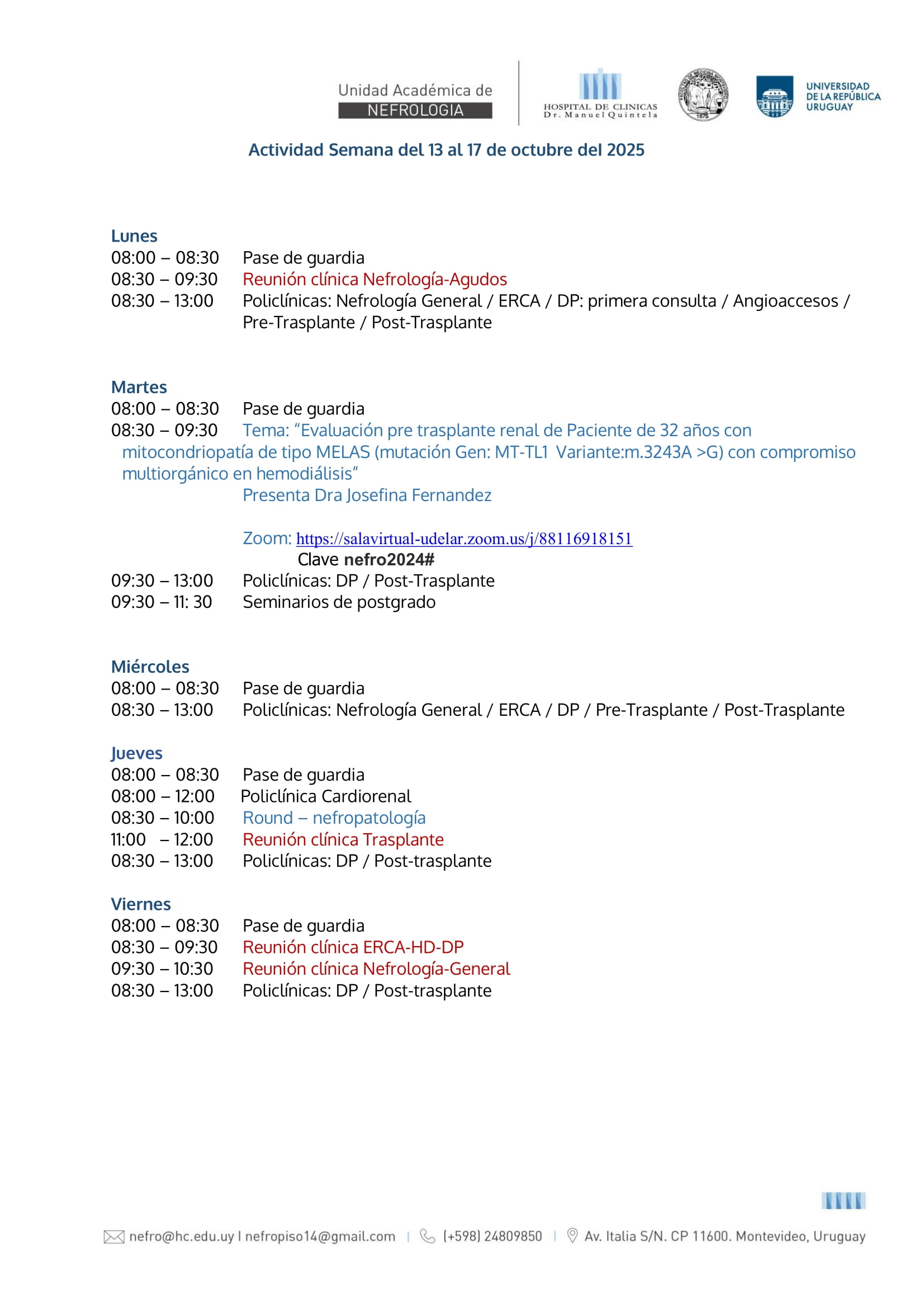 Actividad Semanal Nefrologia 13 al 17 de octubre